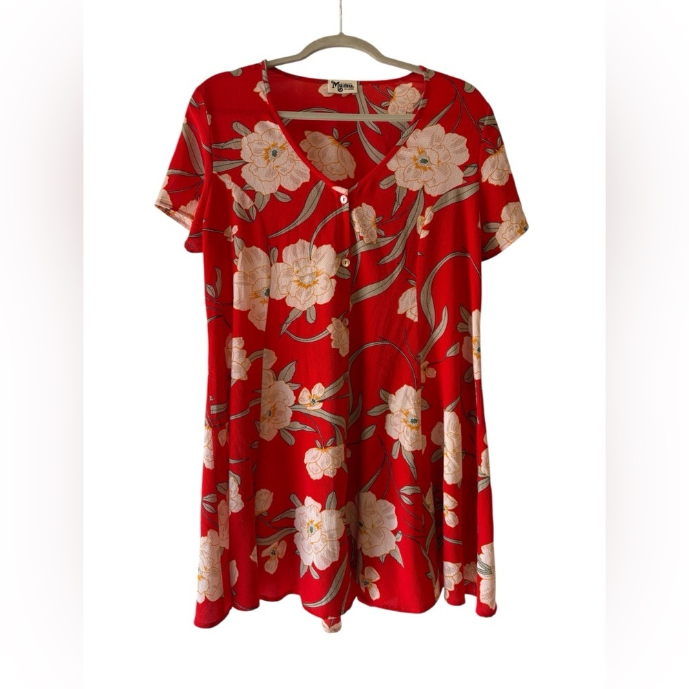 Show Me Your Mumu XL Red Floral Button Front Dress V Neck Flowy Boho Midi